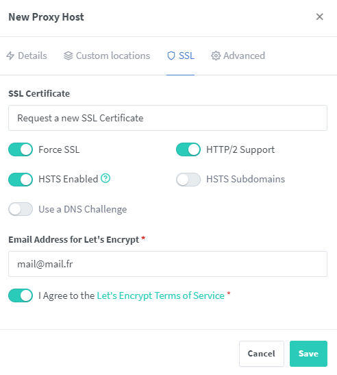 NginxProxyManager new proxy host SSL options