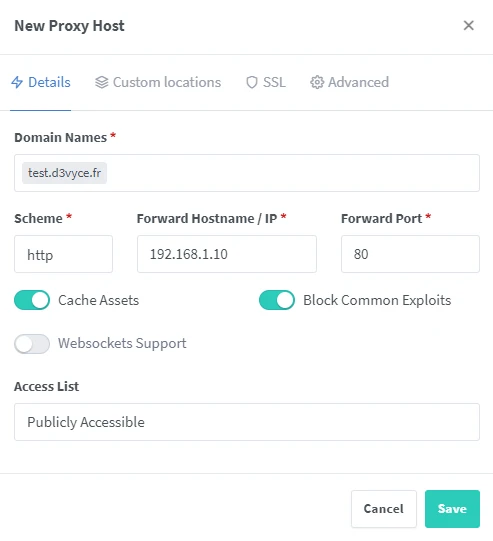 NginxProxyManager new proxy host