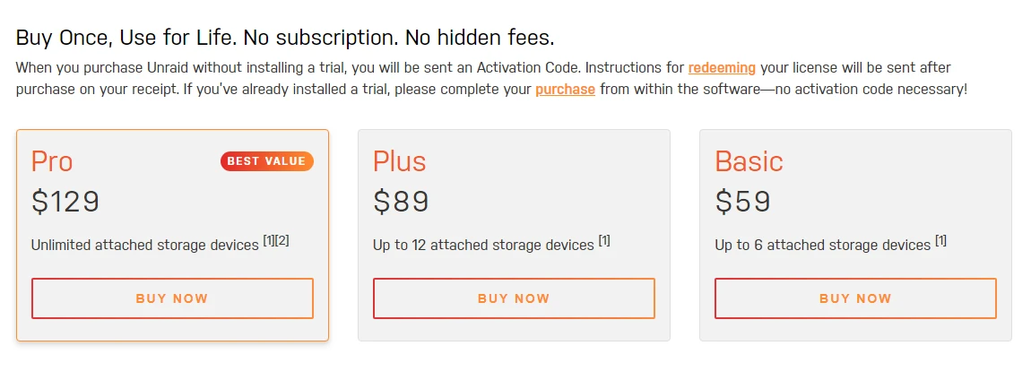 Unraid license options