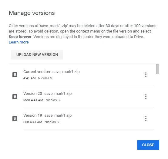 Versions list in Google Drive