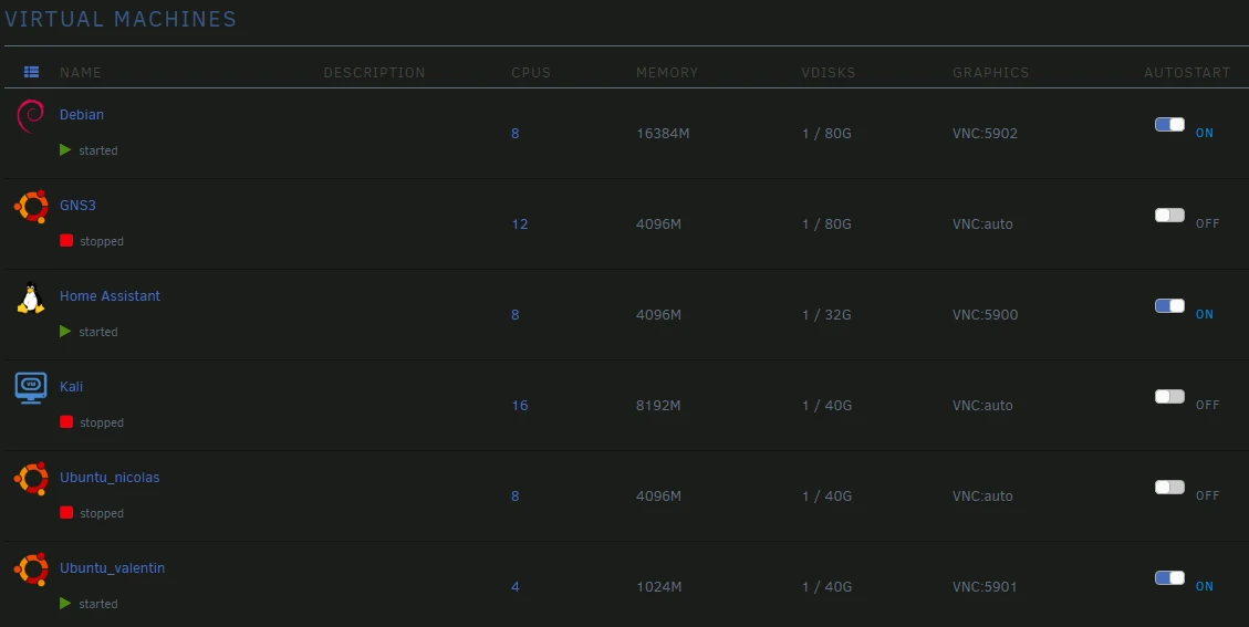 Virtual Machines tab in Unraid